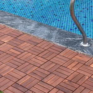 12 in. x 12 in. Checker Pattern Acacia Wood Interlocking Flooring Deck Tiles Square Outdoor Patio Brown Pack of 10 Tiles