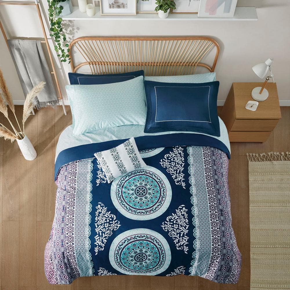 Navy Blue Boho Medallion Microfiber Full Bed in a Bag Set