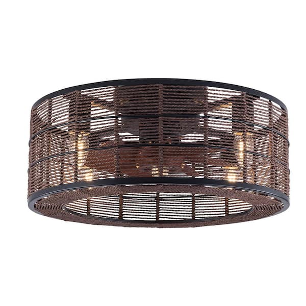 OUKANING 18.5 in. Black Indoor Farmhouse Caged Hemp Rope Lampeshade Ceiling Fan with Light Kit and Remote