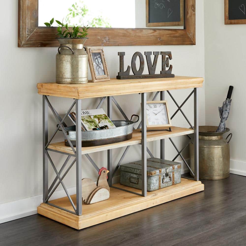 48" Brown Fir Wood and Iron 3-Tier Shelving Unit