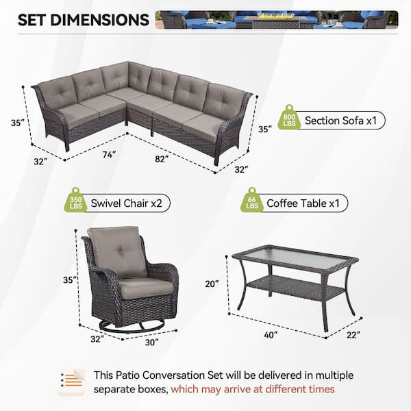 Arcline 5-Piece Brown Wicker Patio Conversation Set with Olefin Gray Cushion/L-Shaped Sofa with Outdoor Swivel Chair