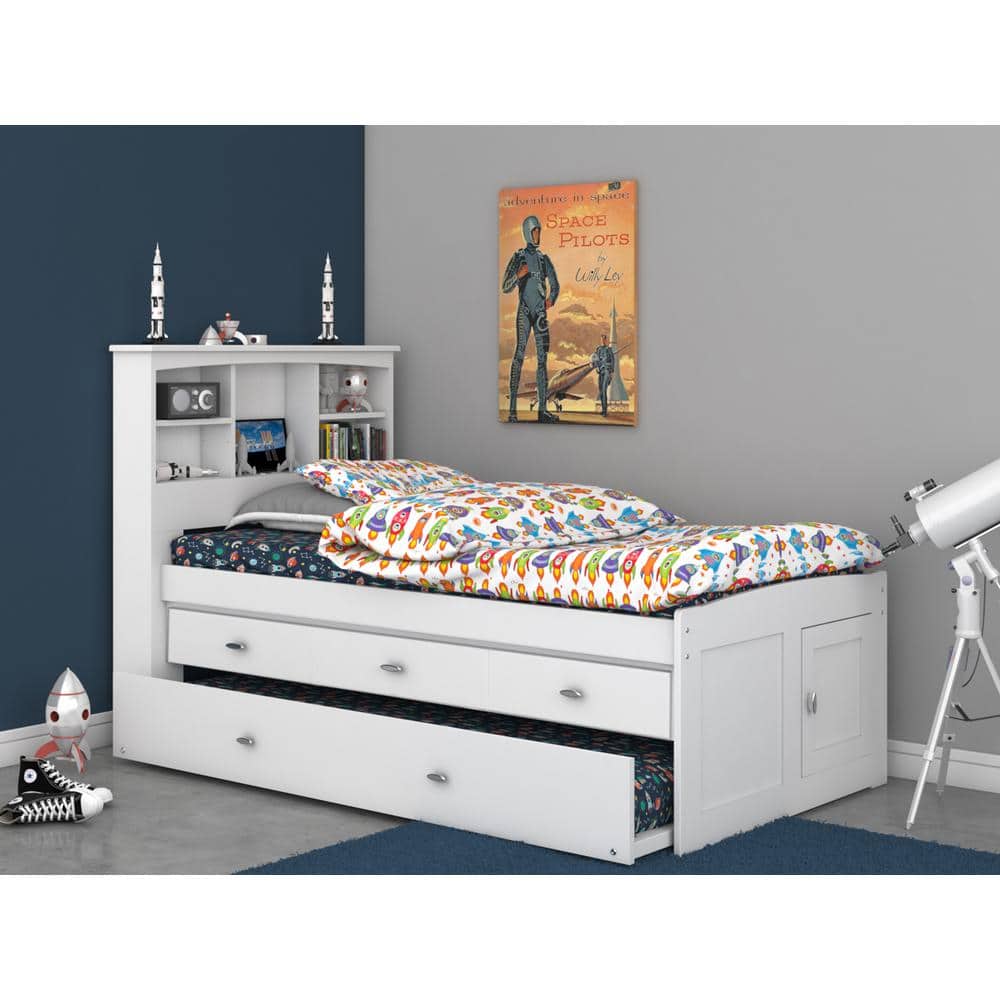 Charcoal Gray Solid Wood Twin Captain's Bed with Bookcase and Trundle