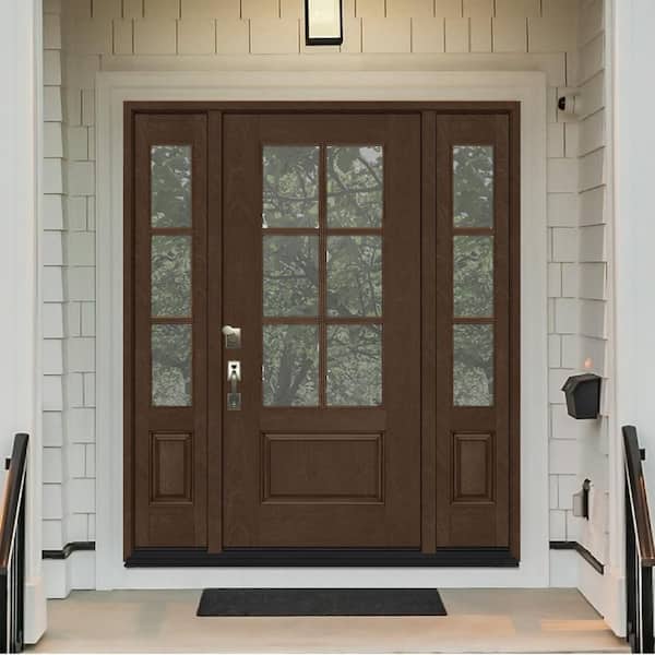 Regency 64 in. x 80 in. 3/4-6Lite Clear Glass RHIS Hickory Fiberglass Prehung Front Door w/Dbl 12in.SL & 8012BLK Lockset