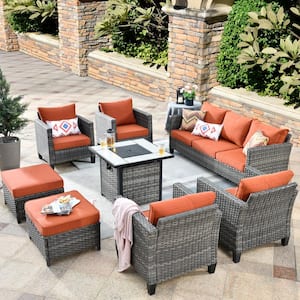 Positano Gray 8-Piece Wicker Patio Fire Pit Conversation Set with Orange Red Cushions