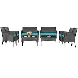 8-Piece Wicker Patio Conversation Set with Coffee Table and Turquoise Cushions