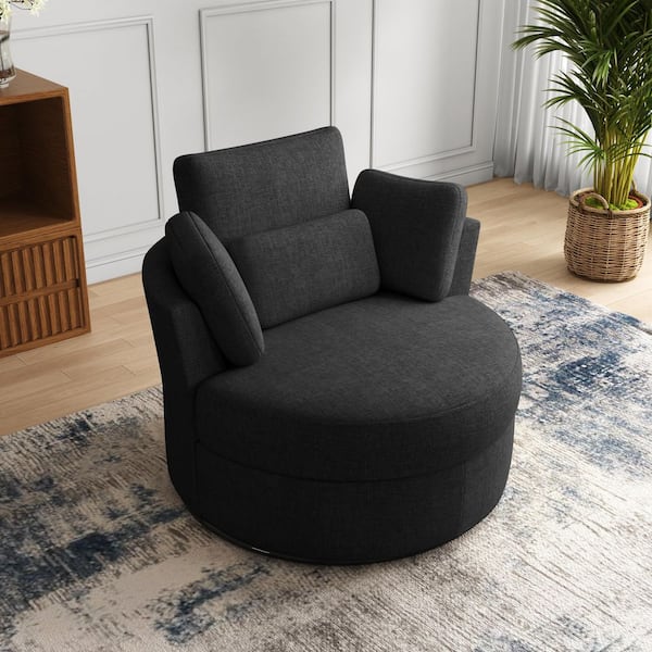 Black Chenille Upholstered 360° Swivel Accent Barrel Chair(Set of 1)
