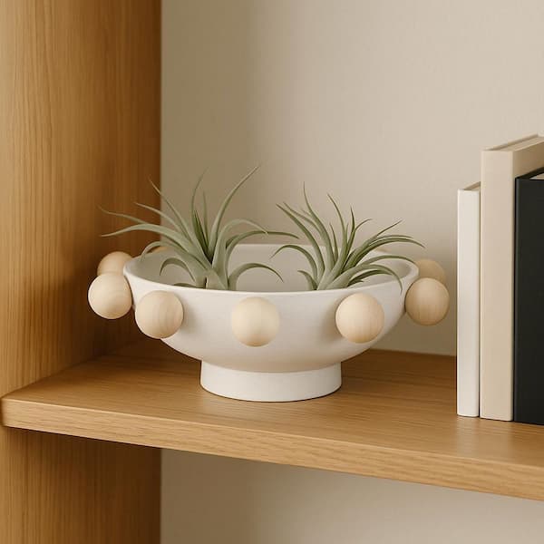 White 13 in. x 4.25 in. Wood Novelty Decorative Bowl with Large Knobs