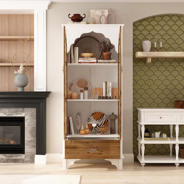 70.9 in. Tall White Wood 3-Shelf Accent Bookcase with Glass Doors, Drawer, Victorian Style (31.5 in. Wide)