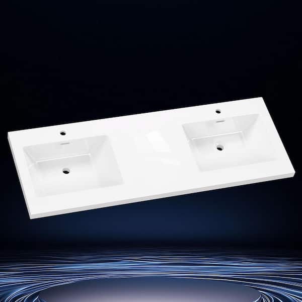 Tor 60 in. W x 22 in. D Solid Surface Cultured Marble Vanity Top White Integrated Sink Bathroom Double Basin Countertop