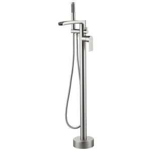 1-Handle Waterfall Freestanding Floor Mount Tub Faucet Bathtub Filler with Hand Shower in Brushed Nickel