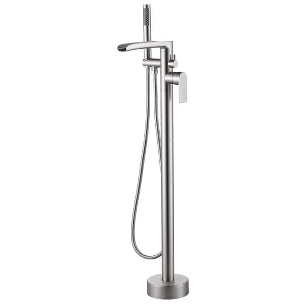 1-Handle Waterfall Freestanding Floor Mount Tub Faucet Bathtub Filler with Hand Shower in Chrome