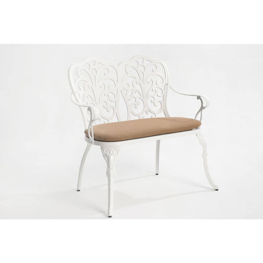 33 in. L 2-Person White Metal Patio Garden Bench Chair Outdoor Cast Aluminum Bench Chair with Cushion price history on PriceWatchPro