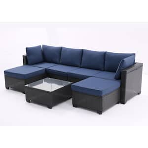 7-Piece Wicker Patio Conversation Set with Dark Blue Cushions, Sectional Sofa with Corner Chair,Ottoman, Glass Top Table