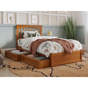 Everett Light Toffee Natural Bronze Solid Wood Frame Twin Platform Bed with Panel Footboard and Storage Drawers