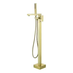 Single-Handle Solid Brass Floor Mount Freestanding Bathroom Faucet with Handheld Shower in Brushed Gold