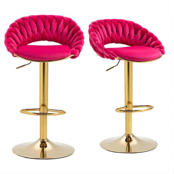 HOMEFUN 31.5 in. Modern Rose Red Velvet Low Back Metal Frame Swivel Adjustable Counter Bar Stools Set of 2
