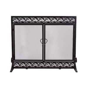 Large Cast Iron and Steel Scrollwork 1-Panel Fire Screen with Doors