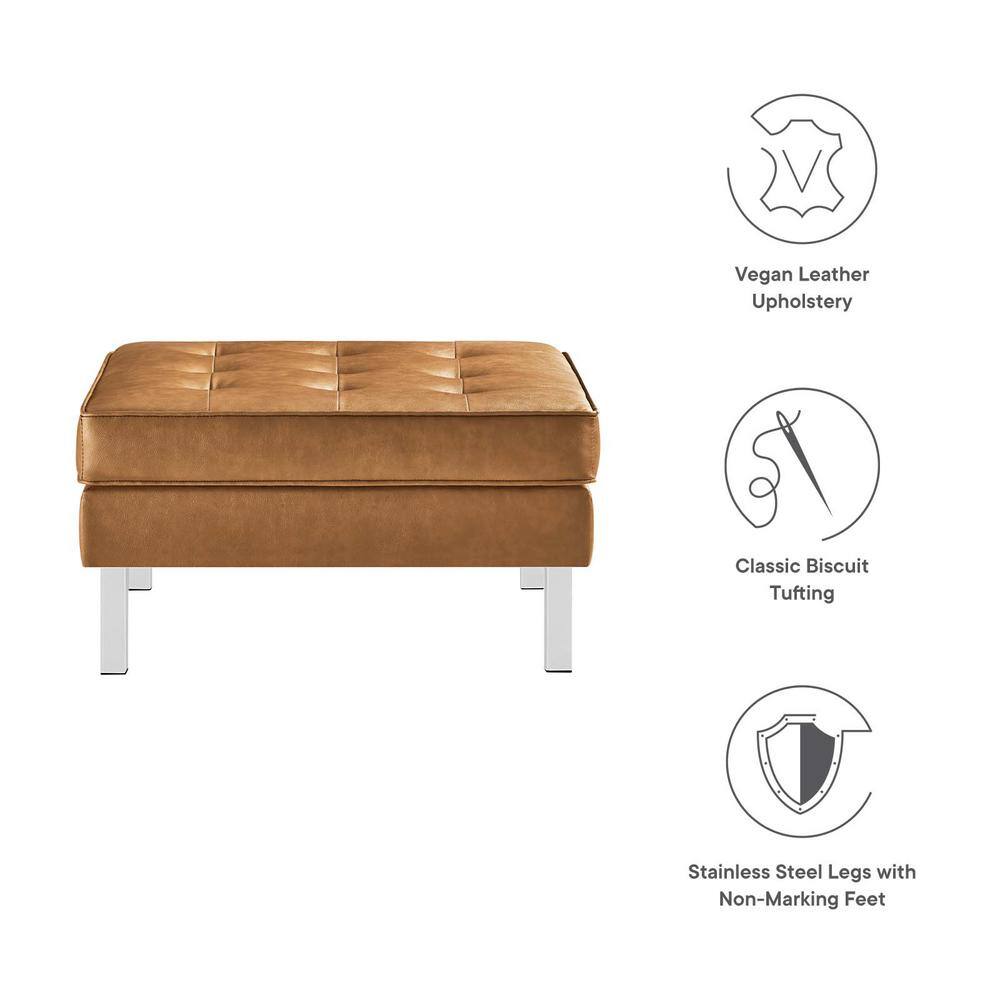 Loft Tufted Tan Faux Leather Ottoman with Silver Legs