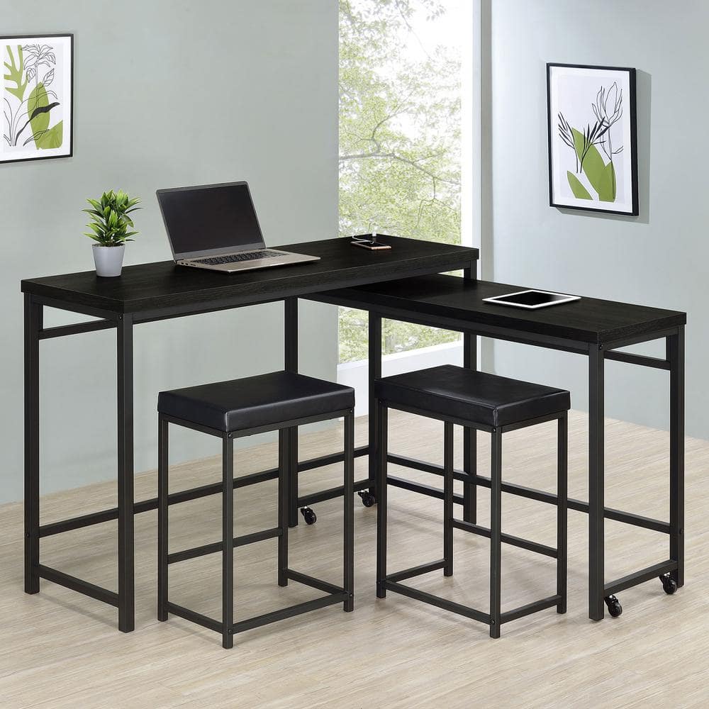 Black Faux Leather and MDF Rectangular Pub Set with 2 Chairs
