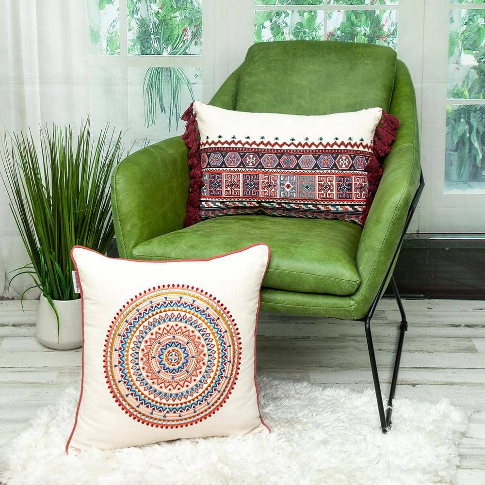 Ethnic Multicolor Cotton Embroidered Lumbar Pillow with Tassels