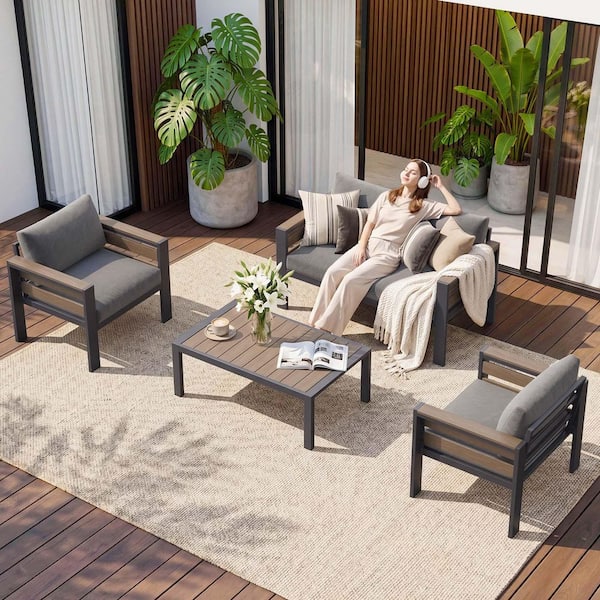 4-Piece Aluminum Patio Furniture Sets Modular Patio Conversation Set with Armrests and Cushions Outdoor Furniture Sets