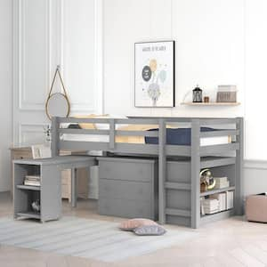 Gray Twin Size Low Study Loft Bed Frame with Storage Cabinet and Rolling Portable Desk for Kids and Teenagers