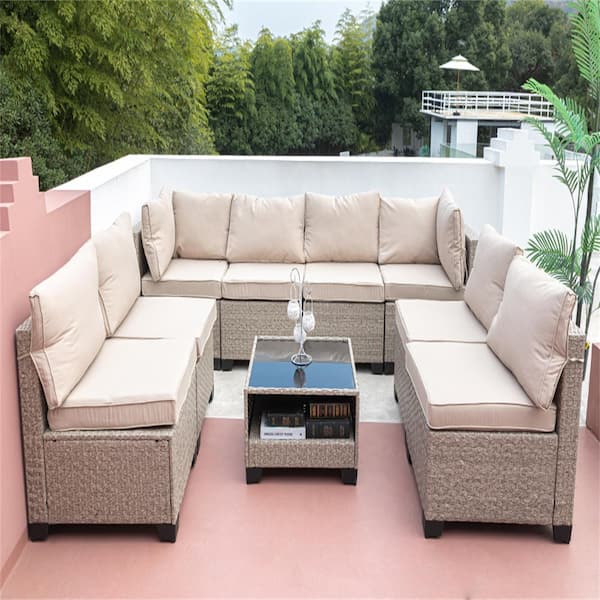 Tunearary 9-Piece All Weather PE Wicker Outdoor Sofa Sectional Set with Beige Cushions and Cushions
