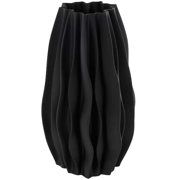 Litton Lane Black Dimensional Wavy Ribbed Ceramic Abstract Decorative Vase with Floral Shaped Rim