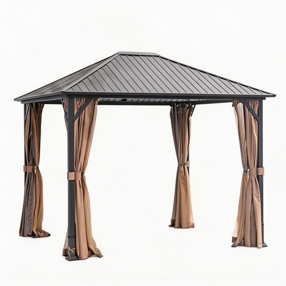 10 ft. x 12 ft. Black and Brown Hardtop Metal Gazebo with Mosquito Netting, Heavy Duty Galvanized Steel Frame for Patio price history on PriceWatchPro
