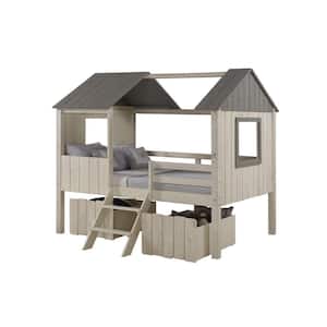 Beige Rustic Sand Full House Low Loft Bed with Dual Under Bed Drawers