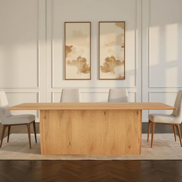 Octavian Rustic Oak Veneer Wood 97 in. Pedestal Base and Rounded Corners Rectangular Dining Table, Seats 8