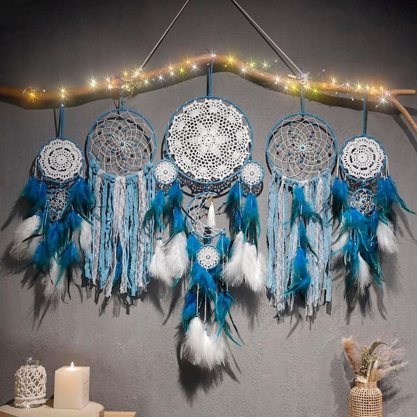 Blue 21.3 in x 35.4 in Cotton Moon Goddess Macrame Dreamcatcher