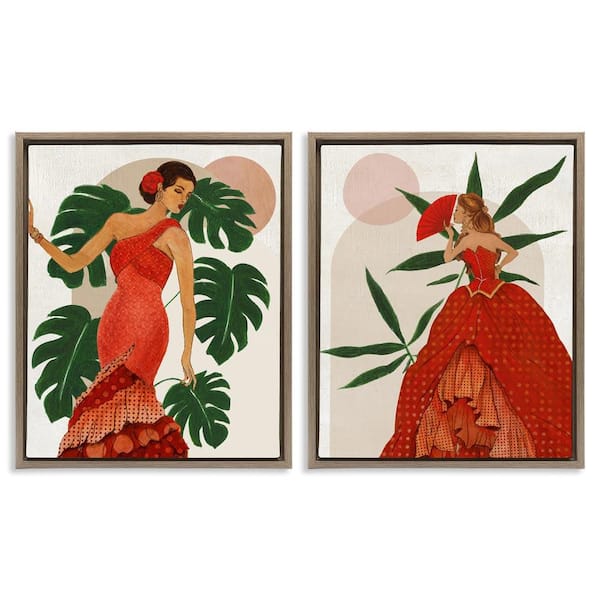 Stupell Industries Tropical Fashionistas in Red by Janet Tava 2-Pieces Brown Floater Frame People Graphic Art Print 31 in. x 25 in.