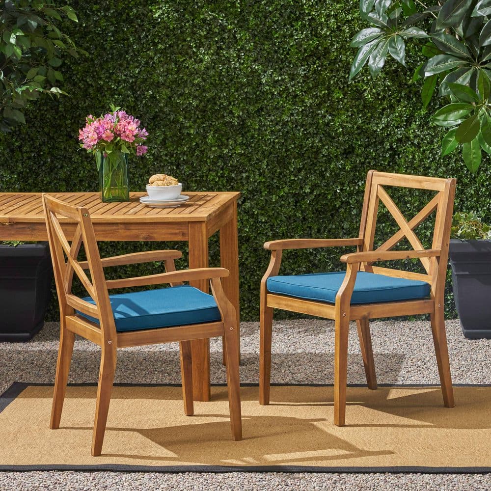Teak Acacia Wood Outdoor Dining Chair with Blue Cushions (2-Pack) price history on PriceWatchPro