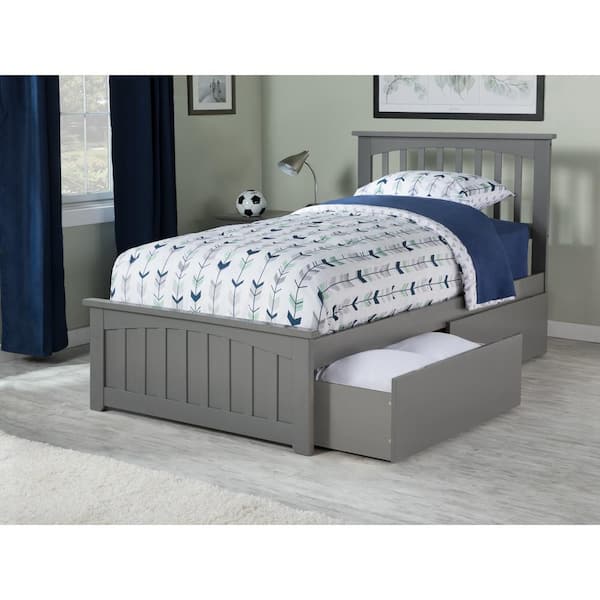 AFI Mission Grey Twin Solid Wood Storage Platform Bed with Matching Foot Board with 2 Bed Drawers