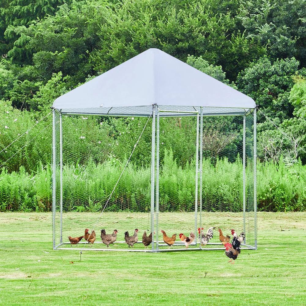 9.2 ft. x 8.1 ft. Hexagonal Large Metal Chicken Coop, Walk-in with Oxford F