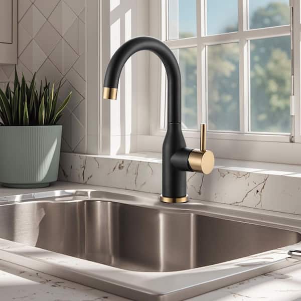 Stainless Steel 1-Hole Single Handle Bar Faucet with Water Supply Lines in Black and Gold