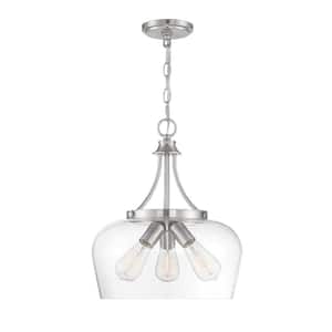 Octave 15 in. W x 18 in. H 3-Light Satin Nickel Shaded Pendant Light with Clear Glass Shade