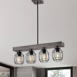 Triscot 4-Light Modern Farmhouse Gray Wood Linear Pendant with Black Cage