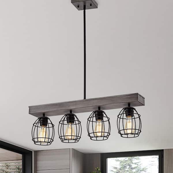 Edvivi Triscot 4-Light Modern Farmhouse Gray Wood Linear Pendant with Black Cage