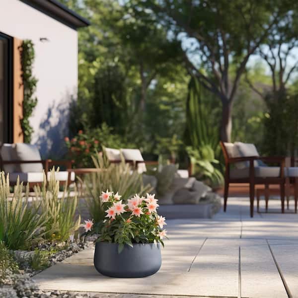 Concrete Round Modern Flower Pots, Lightweight Outdoor Planters with Drainage Hole for Home Office, 15" D, Charcoal