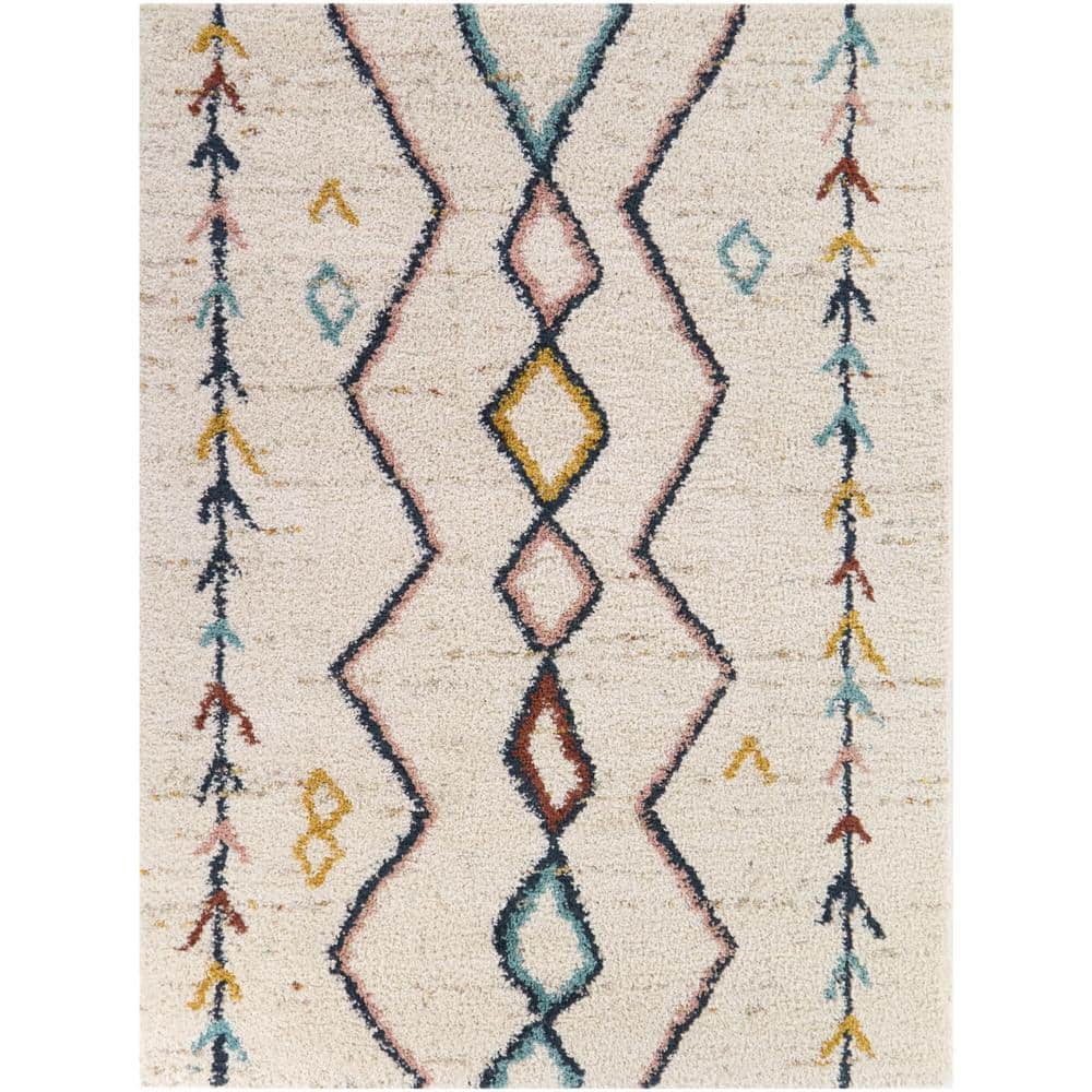 Large Cream and Multicolor Synthetic Moroccan Area Rug