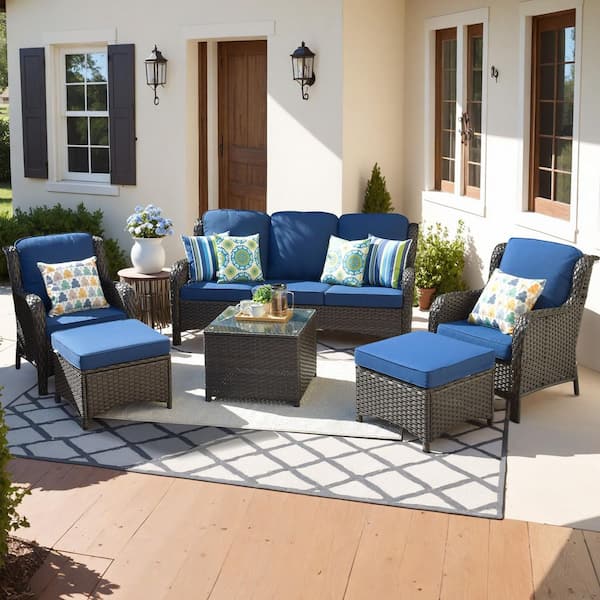 Joyoung Brown 6-Piece Wicker Outdoor Patio Conversation Seating Set with Navy Blue Cushions