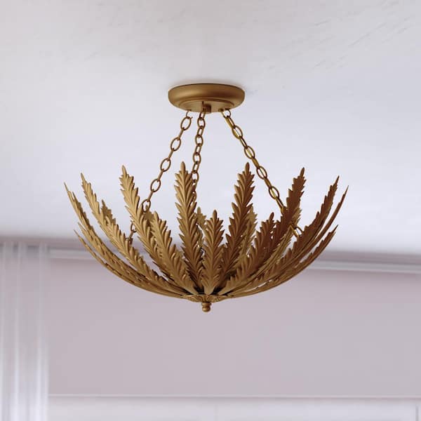 Ozette 18 in. W Heritage Gold Semi Flush Mount Ceiling Light Fxiture with Leaf Motif
