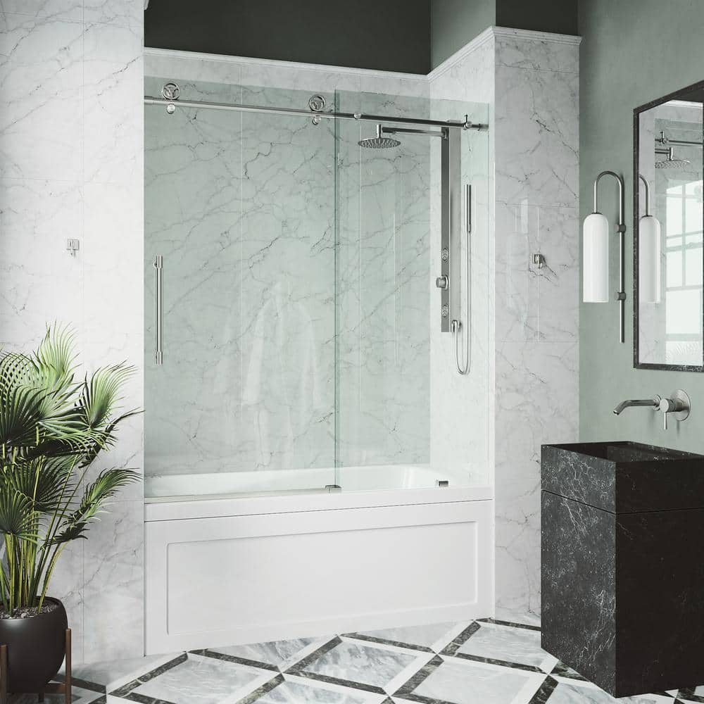Elan Frameless Sliding Tub Door with Clear Glass and Stainless Steel
