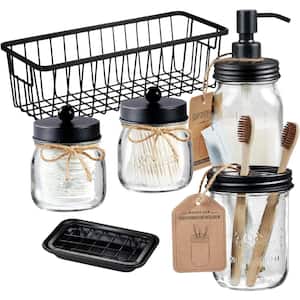 Premium Mason Jar Bathroom Accessories Set (6-Pieces) -Black