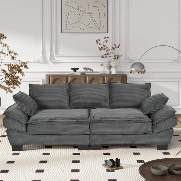 Earl Modern 80.3 in. Flared Arm Corduroy Fabric Upholstered Rectangle Sofa in Gray with 2 Decorative Throw Pillows