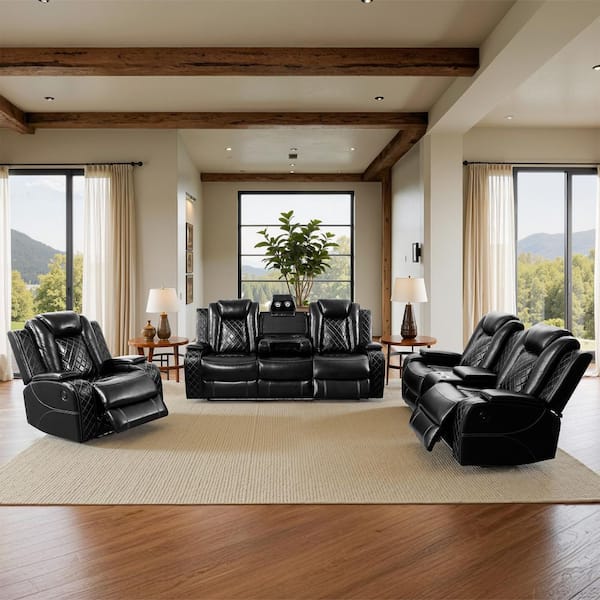 84 in. Pillow Top Arm 3-Piece Leather Rectangle Power Reclining Sofa Set in Black, Modern Design w/Cup Holders, LED, USB