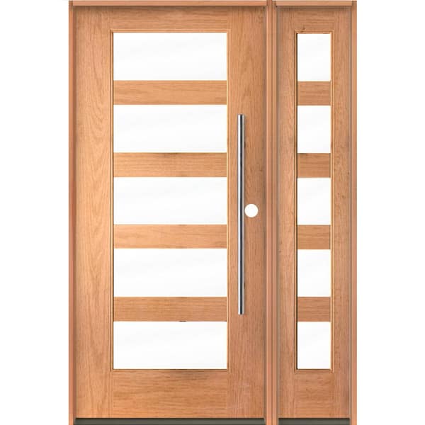 Krosswood Doors Modern Faux Pivot 50 in. x 80 in. 5-Lite Left-Hand/Inswing Clear Glass Teak Stain Fiberglass Prehung Front Door w/RSL