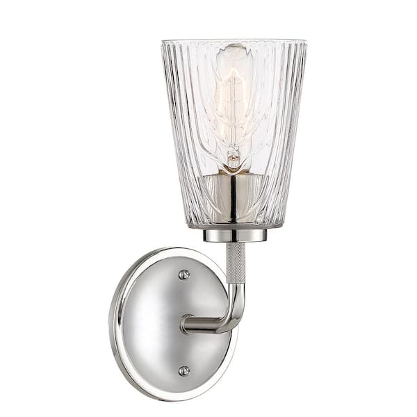 Designers Fountain Westwood 5 in. 1-Light Polished Nickel Glam Wall Sconce with Clear Woodgrain Glass Shade